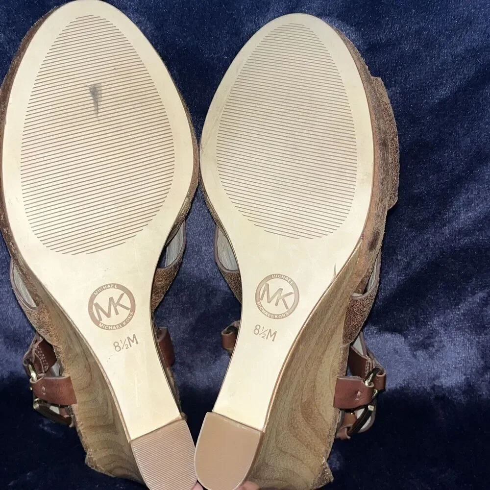 Michael‎ Kors Women’s Briyette Wedge Sandals Sz 8.5 Mocha Brown Leather Buckle
